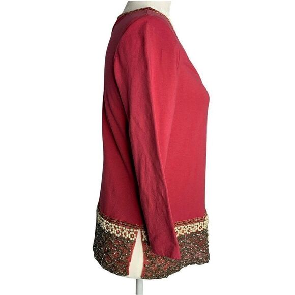 Moda International Beaded Knit Top M Pink 3/4 Sleeve V Neck Stretch Velvet Trim - Picture 6 of 7